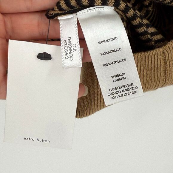 Calvin Klein Chevron Mock Neck Button Detail Sweater Camel Black Women Large NWT - Picture 7 of 8